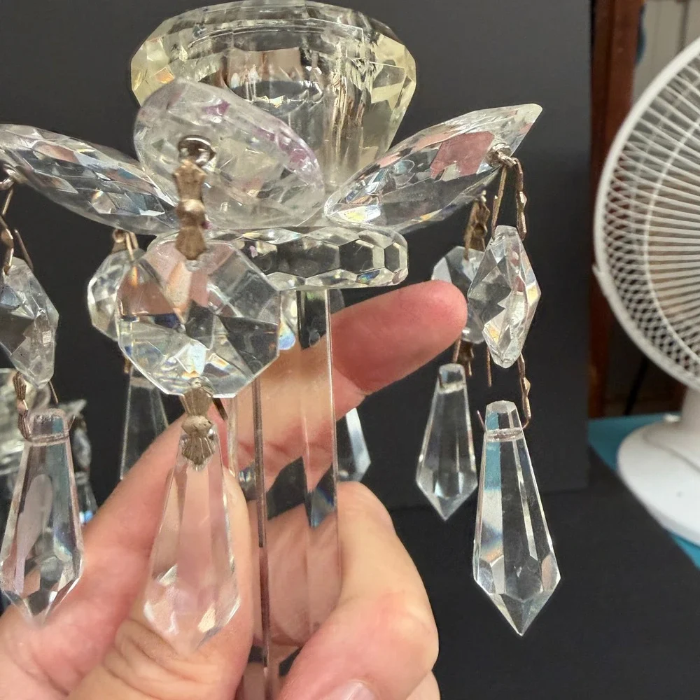 Vintage Crystal Glass Candlestick Holders Set of 2 READ Prisms Hollywood Regency